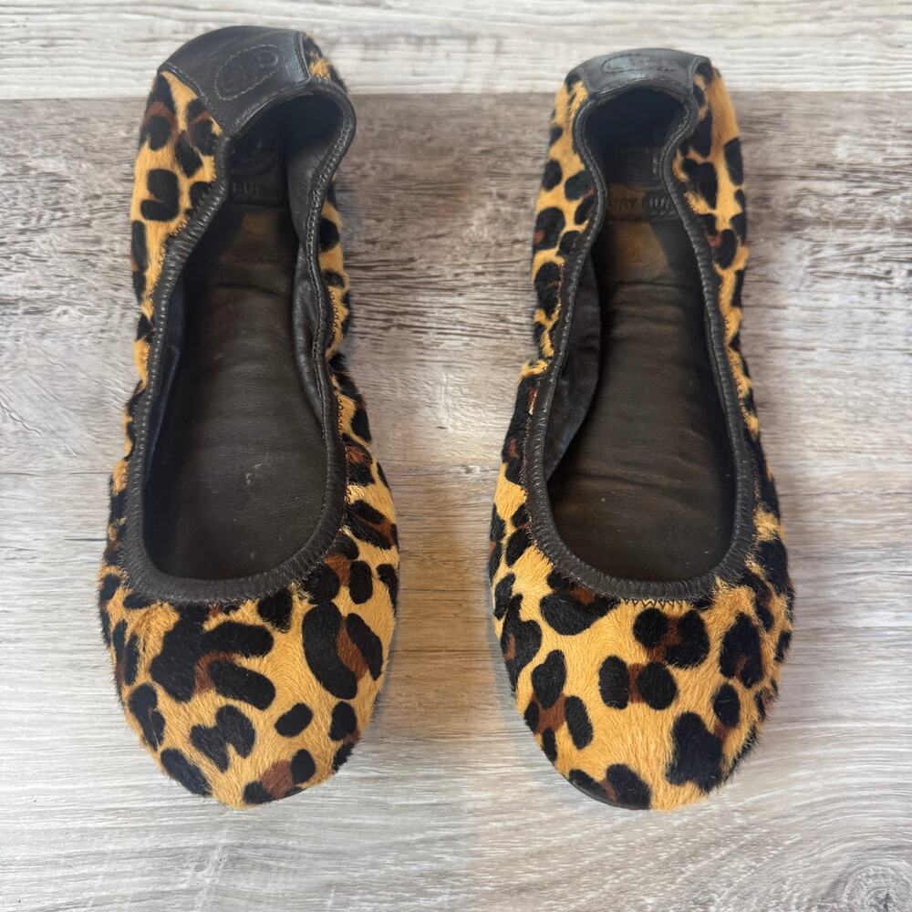 Tory Burch Leopard Calf Hair Ballet Flats Brown Leather Designer Preppy Y2K 8.5